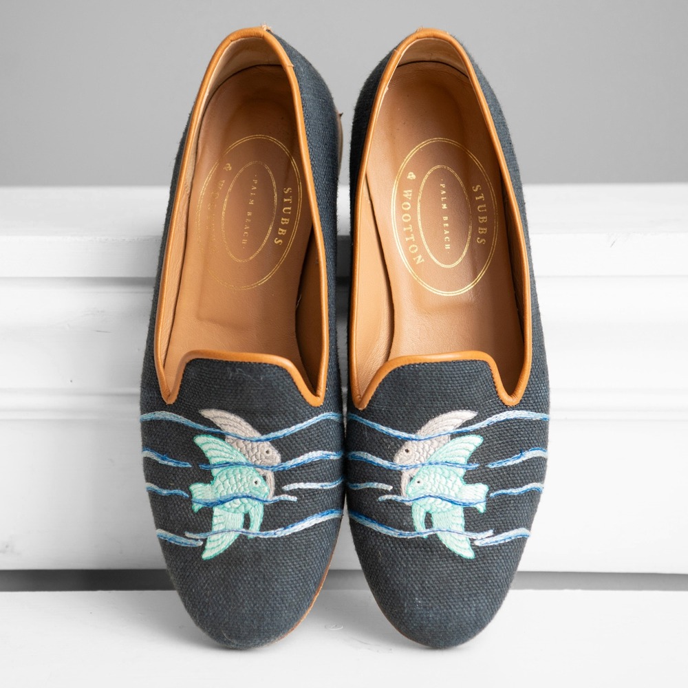 Stubbs & Wootton Sz 8.5 Shoes Nautical Fish Embroidered Old Money Artisanal Flat